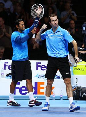 Radek Stepanek (right) of Czech Republic celebrates with Leander Paes of India