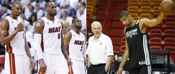 From left: Miami Heat's LeBron James, Chris Bosh and Dwyane   Wade and San Antonio Spurs Head Coach Greg Popovich (left) with Tim Duncan