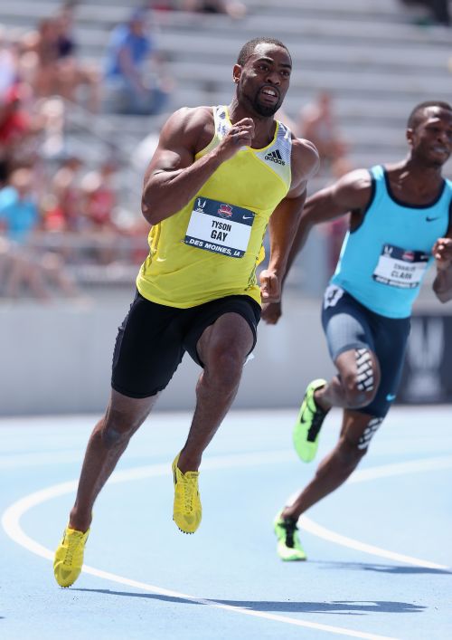 Tyson Gay competes in the opening round of the Men's 200 Meter on day three of the 2013 USA Outdoor Track & Field Championships at Drake Stadium
