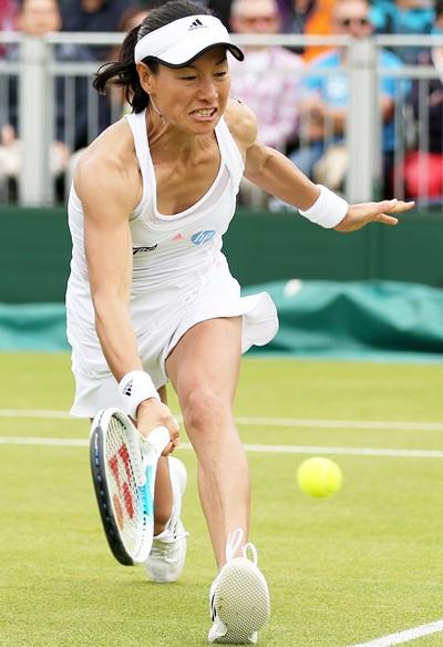 Kimiko Date-Krumm of Japan plays a forehand