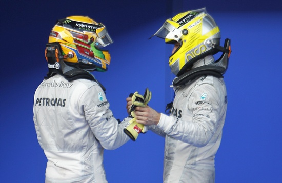 Mercedes Formula One driver Lewis Hamilton (left) and teammate Nico Rosberg