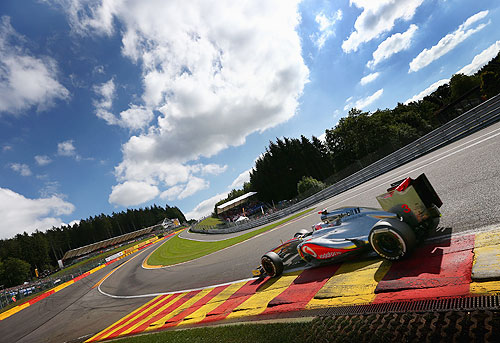 Jenson Button of Great Britain and McLaren drives through Eau Rouge on his way to securing pole position during qualifying for the Belgian Grand Prix at the Circuit of Spa Francorchamps on September 1, 2012 in Spa Francorchamps, Belgium