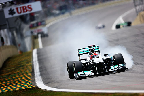 Michael Schumacher of Germany and Mercedes GP drives during qualifying for the Brazilian Formula One Grand Prix at the Autodromo Jose Carlos Pace on November 24, 2012 in Sao Paulo, Brazil