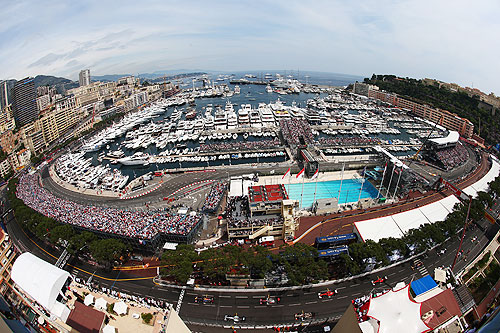 The field led by Mark Webber of Australia and Red Bull Racing gets underway at the start of the Monaco Formula One Grand Prix at the Circuit de Monaco on May 27, 2012 in Monte Carlo, Monaco