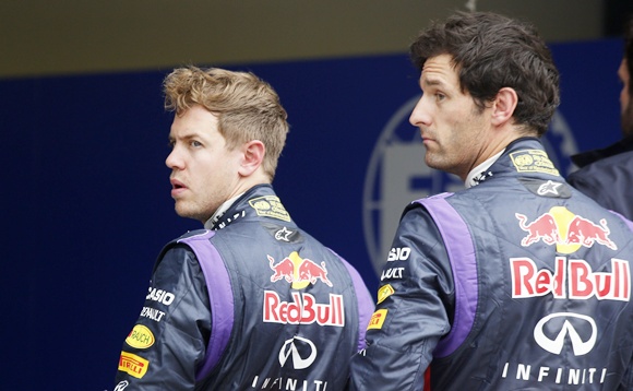 Red Bull Formula One drivers Sebastian Vettel and Mark Webber