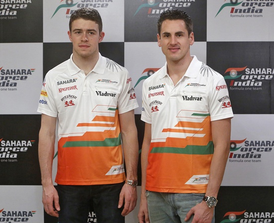 Force India Formula One drivers Adrian Sutil (right) and Paul di Resta