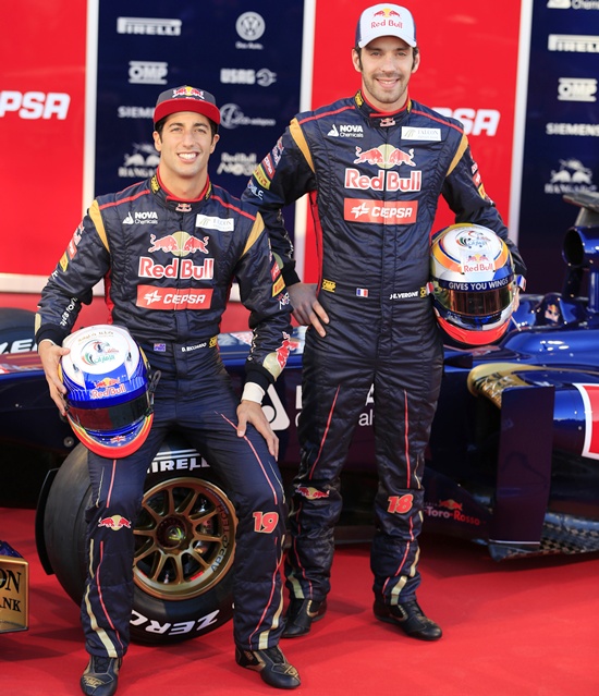 Toro Rosso Formula One drivers Jean-Eric Vergne (right) of France and Daniel Ricciardo of Australia