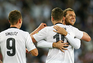 New Zealand All Whites celebrate a goal during the FIFA World Cup Qualifier against New Caledonia at Forsyth Barr Stadium in Dunedin on Friday