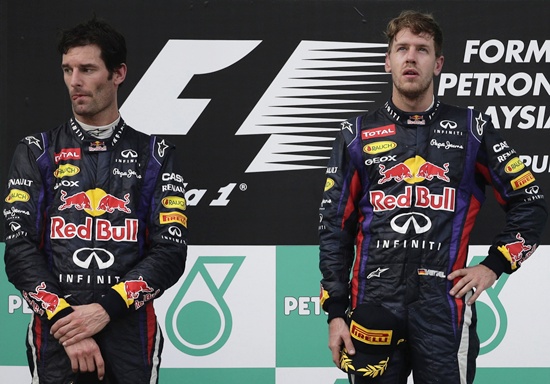 Red Bull Formula One driver Sebastian Vettel (right) and teammate Mark Webber