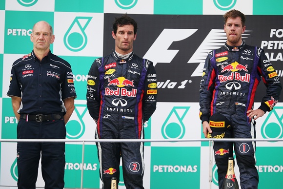 Race winner Sebastian Vettel (right), Mark Webber (centre) Red Bull Racing Chief Technical Officer Adrian Newey