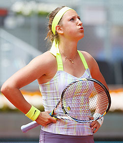 Victoria Azarenka of Belarus looks frustrated in her match against Ekaterina Makarova of Russia during the Madrid Open at the Caja Magica on Wednesday