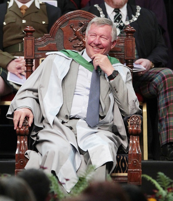 Sir Alex Ferguson smiles before being awarded an honorary   doctorite degree during a graduation ceremony at Stirling   University in Stirling, Scotland on June 29, 2011.
