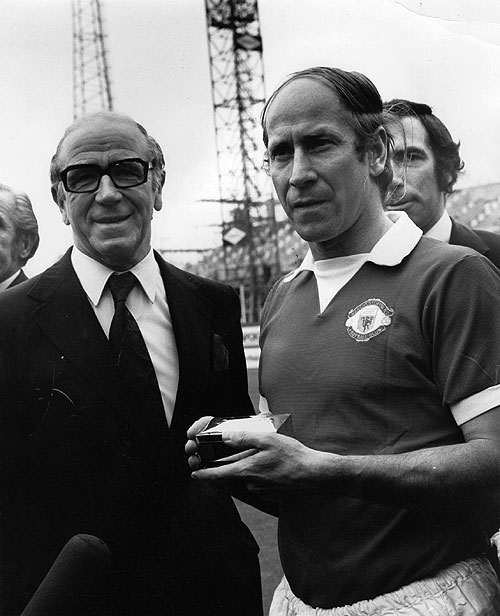 Manchester United board member and former manager, Sir Matt Busby (left) with Bobby Charlton, after Charlton's 604th and final League appearance against Chelsea at Stamford Bridge on 28th April, 1973