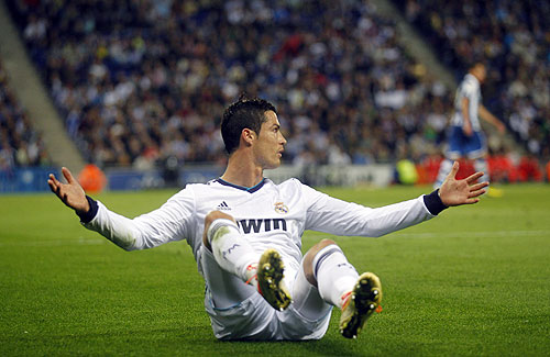Real Madrid's Cristiano Ronaldo reacts during their La Liga match against Espanyol at Cornella-El Prat stadium on Sunday