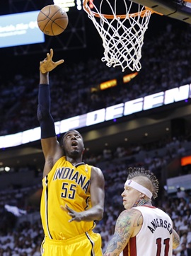 Indiana Pacers' Roy Hibbert (left)