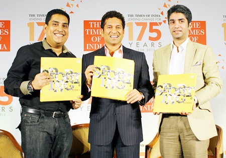 Abhinav Bindra, Boria Majumdar and Sachin Tendulkar during the book launch
