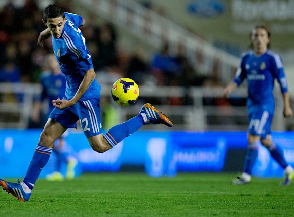 Angel Di Maria of Real Madrid CF controls the ball