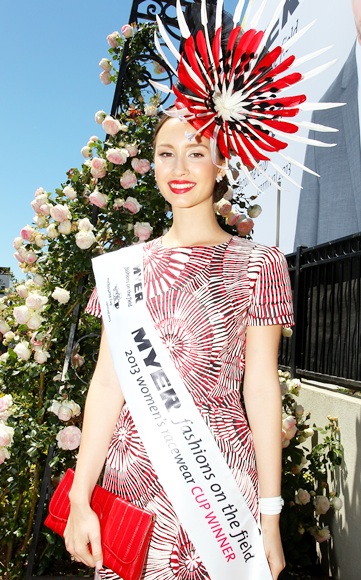 Chloe Moo, daily winner of Fashions on the Field poses, during Melbourne Cup Day