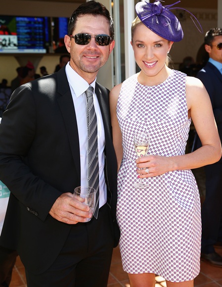 Former Australian cricket captain Ricky Ponting and Rianna Ponting arrive during Melbourne Cup Day