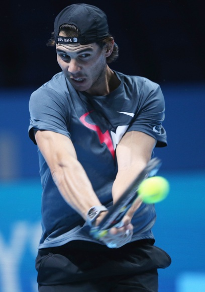 Rafael Nadal of Spain plays a backhand during a practice session