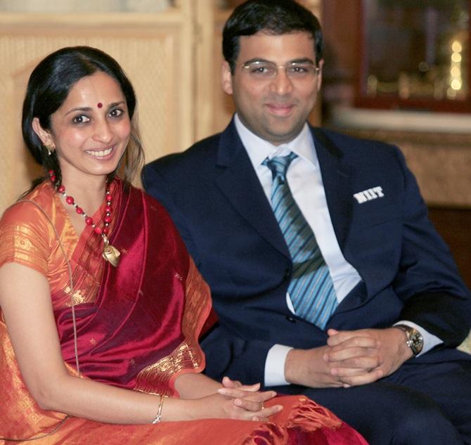 Indian chess player Viswanathan Anand and wife Aruna Anand posing for  photograph in Chennai