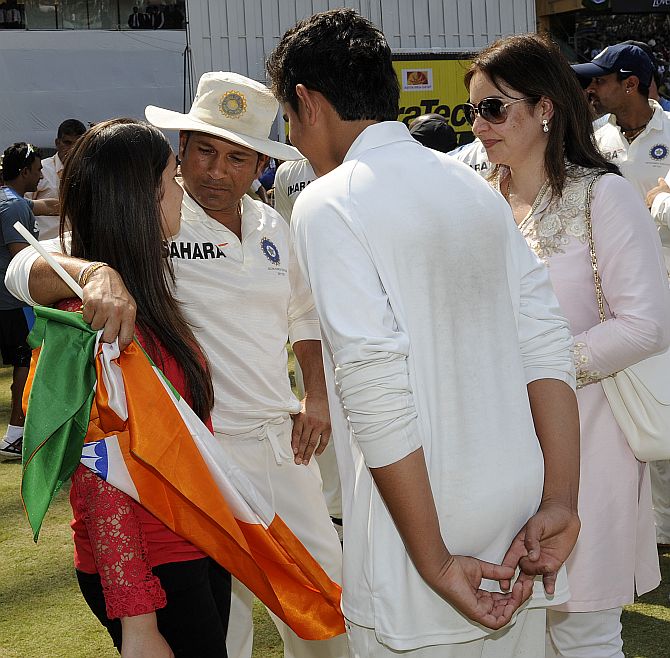 Sachin is seen with his family as he gets ready to take a lap at the end of his career