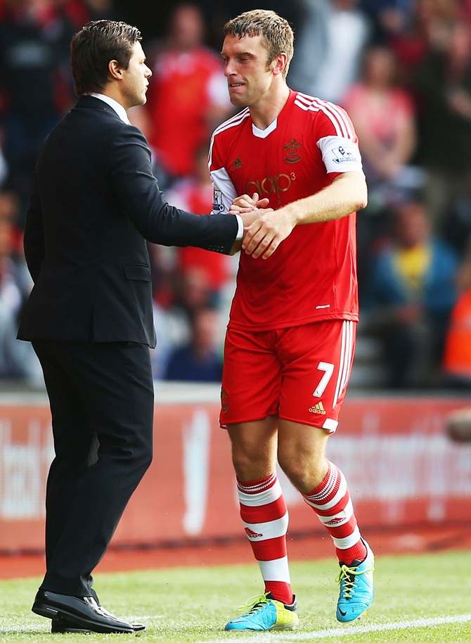 Rickie Lambert (right) of Southampton with his manager Mauricio Pochettino