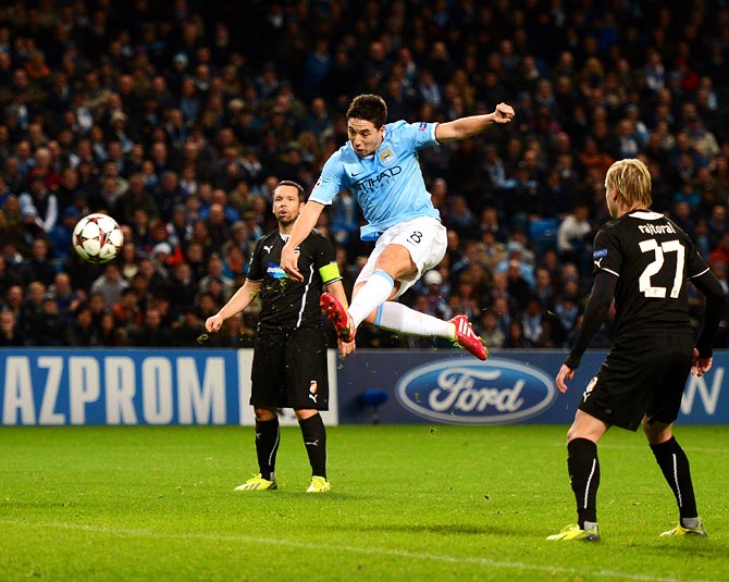 Samir Nasri scores the second goal for Manchester City