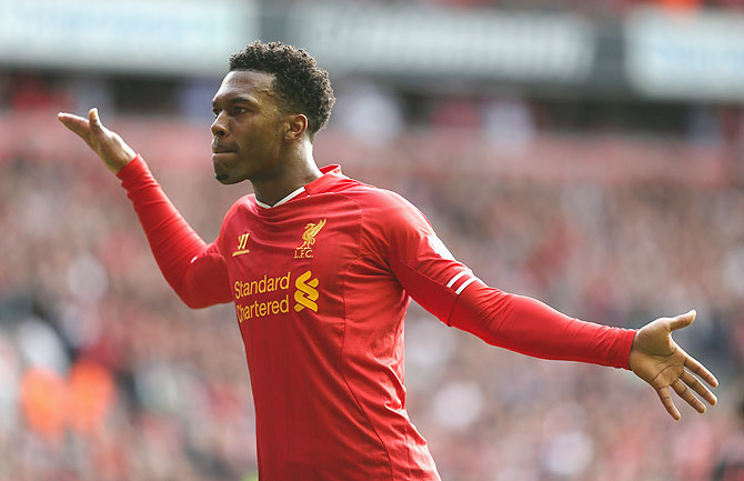 Daniel Sturridge of Liverpool celebrates after scoring the second goal during against Crystal Palace during their English Premier League match at Anfield in Liverpool on Saturday