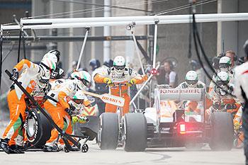 Paul di Resta of Great Britain and Force India stops for a pitstop during the Korean Formula One Grand Prix at Korea International Circuit in Yeongam-gun, on Sunday