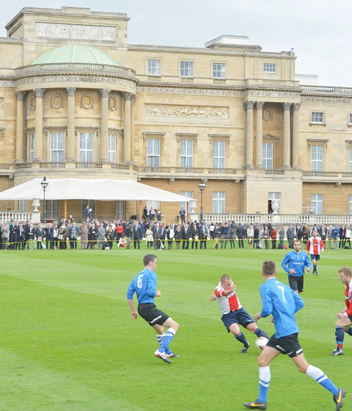 A view of action during the Southern Amateur League football   match between Polytechnic FC and Civil Service FC in the grounds of Buckingham Palace