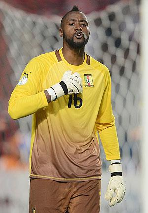 Charles Itandje of Cameroon in action during the FIFA 2014 World Cup qualifier at the Stade Olympique de Radès on October 13, 2013 in Rades, Tunisia