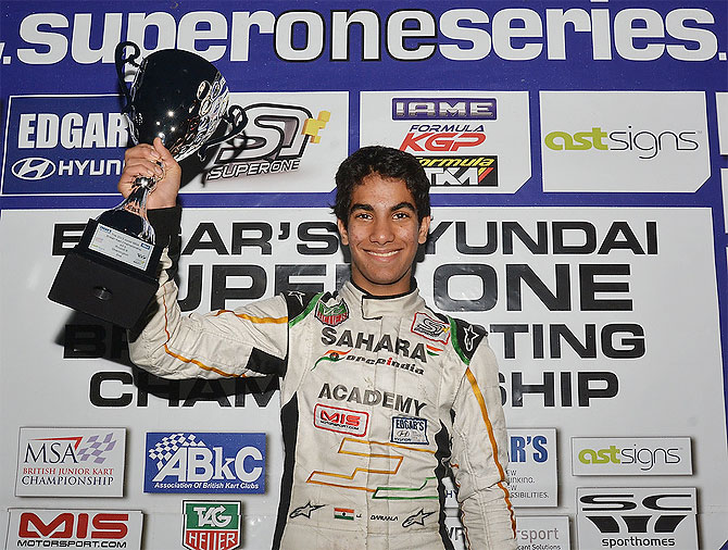 Sahara Force India Academy's Jehan Daruwala with the British Karting Championship trophy