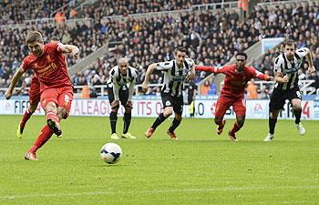 Steven Gerrard scores his 100th Premier League goal on Saturday