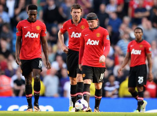 Manchester United players react after conceding a goal