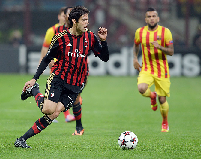 Kaka of AC Milan in action during the UEFA Champions League Group H match between AC Milan and Barcelona at Stadio Giuseppe Meazza on Tuesday