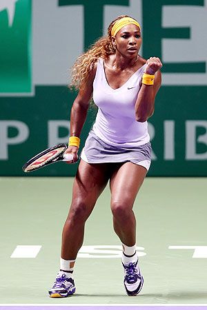 Serena Williams of the United States celebrates breaking Angelique Kerber of Germany during day one of the TEB BNP Paribas WTA Championships