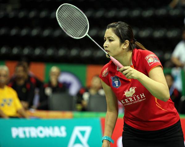 Jwala Gutta in action during the Indian Badminton League