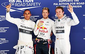 Hamilton, Vettel and Rosberg after qualifying on Saturday