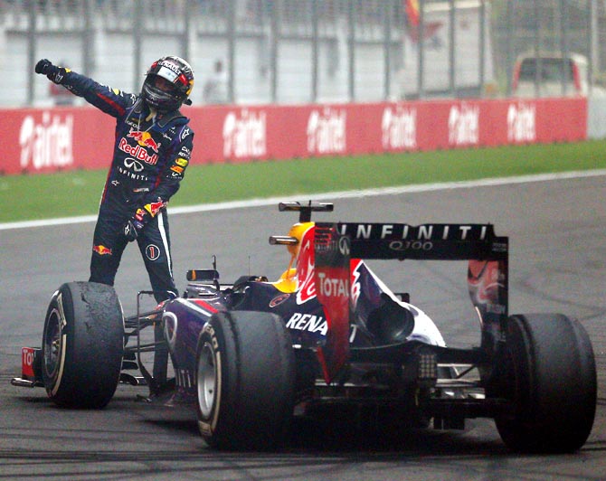 Sebastian Vettel celebrates after winning the Indian Grand Prix