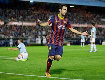 Cesc Fabregas of FC Barcelona celebrates scoring agaisnt Celta Vigo during their La Liga match at Estadio Balaidos in Vigo on Tuesday