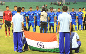 The Indian football team during the national anthem before the SAFF Cup opener against Pakistan on Sunday