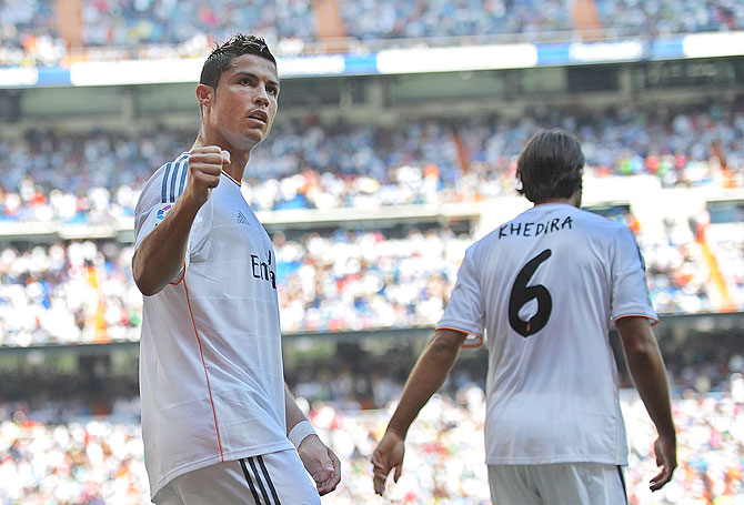 Cristiano Ronaldo of Real Madrid celebrates after scoring Real's 2nd goal on Saturday