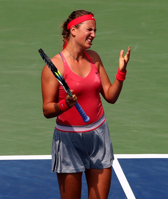 Victoria Azarenka of Belarus reacts during her women's singles third round match against Alize Cornet