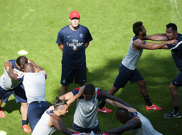 Paris Saint-Germain coach Laurent Blanc attends a training session