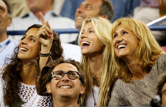 (From left Rafael Nadal of Spain's girlfriend Xisca Perello, sister Isabel Nadal and mother Ana Maria Parera laugh