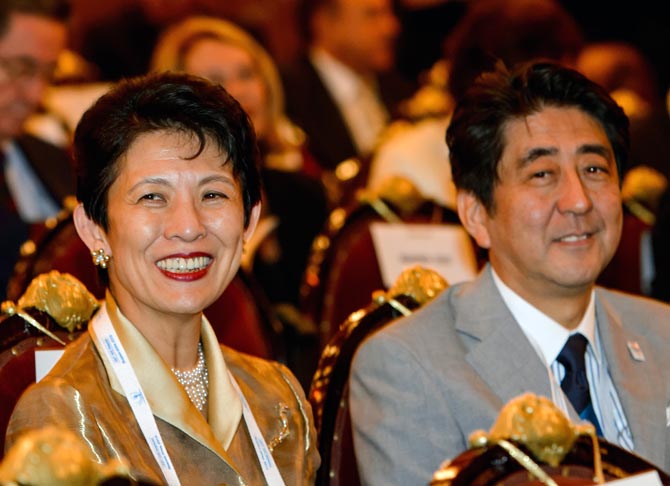 Japanese Princess Takamado (left) with Japanese Prime Minister Shinzo Abe