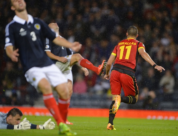 Belgium's Kevin Mirallas (right) celebrates after scoring against Scotland