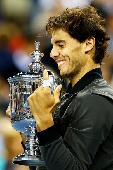 Rafael Nadal of Spain poses with the US Open Championship trophy