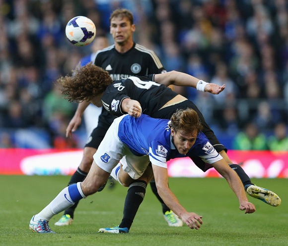 David Luiz of Chelsea tangles with Nikica Jelavic of Everton
